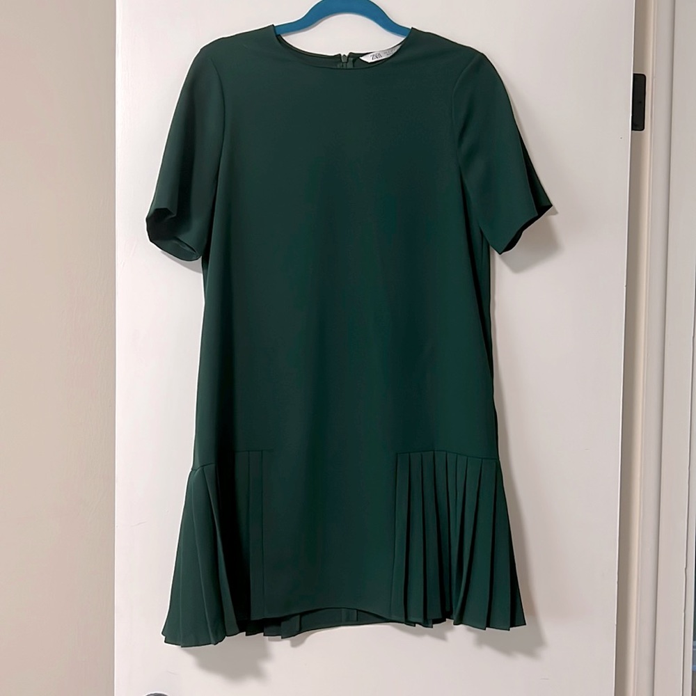 Emerald green dress with a pleated bottom. ZARA, size medium.